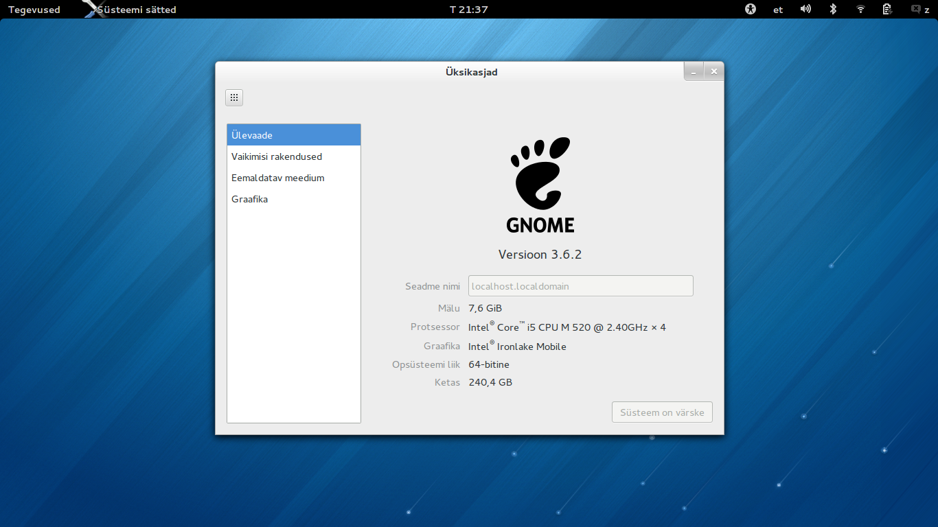 Fedora 18 - Gnome 3.6.2 süsteemi info