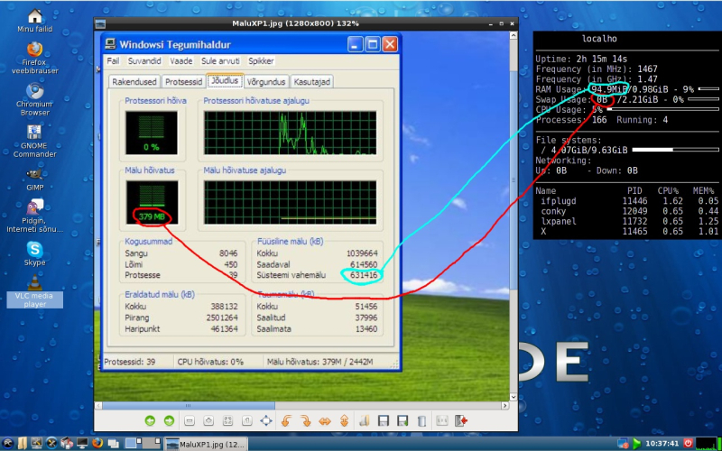 PClinuxOS 2010 LXDE vs WinXP Home SP3 mälu kasutus
