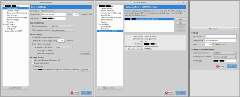 Thunderbird setup näide gmail.com IMAP näitel